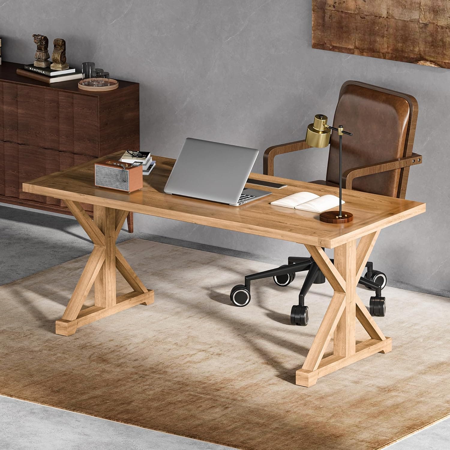 Solid wood farmhouse executive desk with an X-trestle base