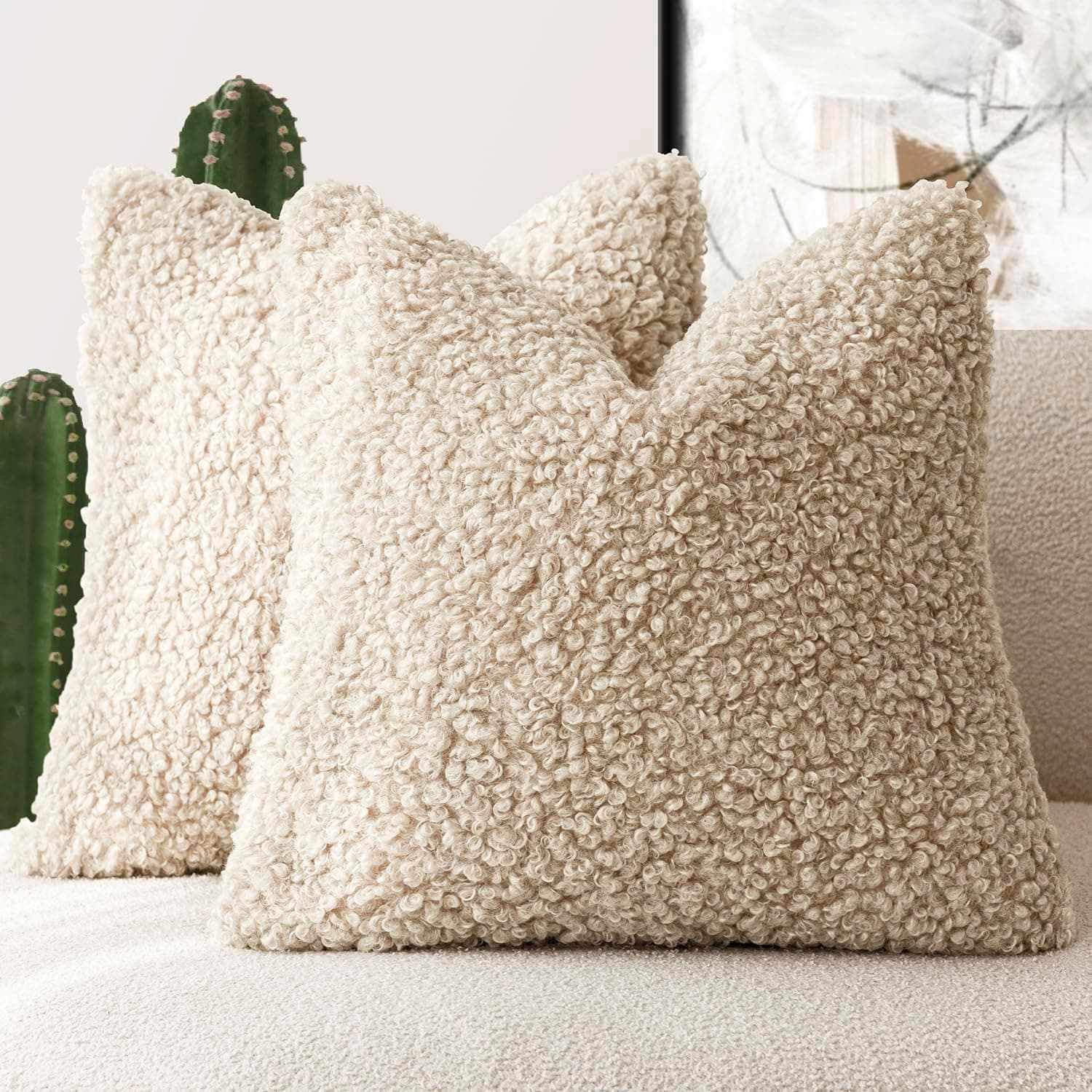 Two light khaki faux fur sherpa throw pillow covers, 20 by 20 inches