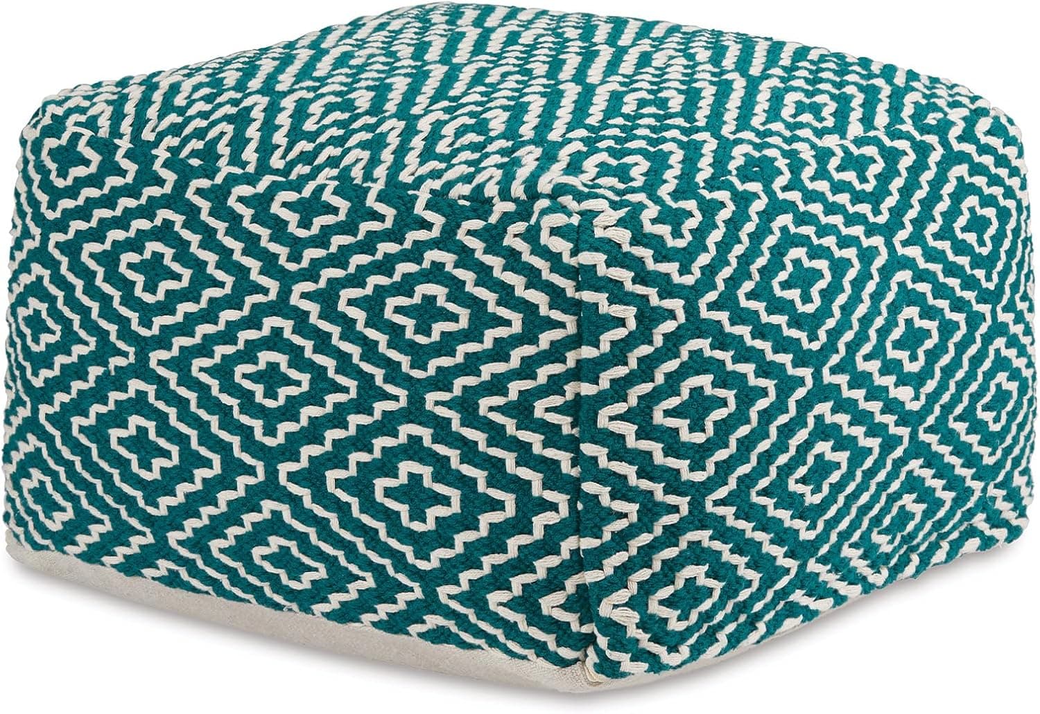 Handwoven geometric floor pouf in soft green and white
