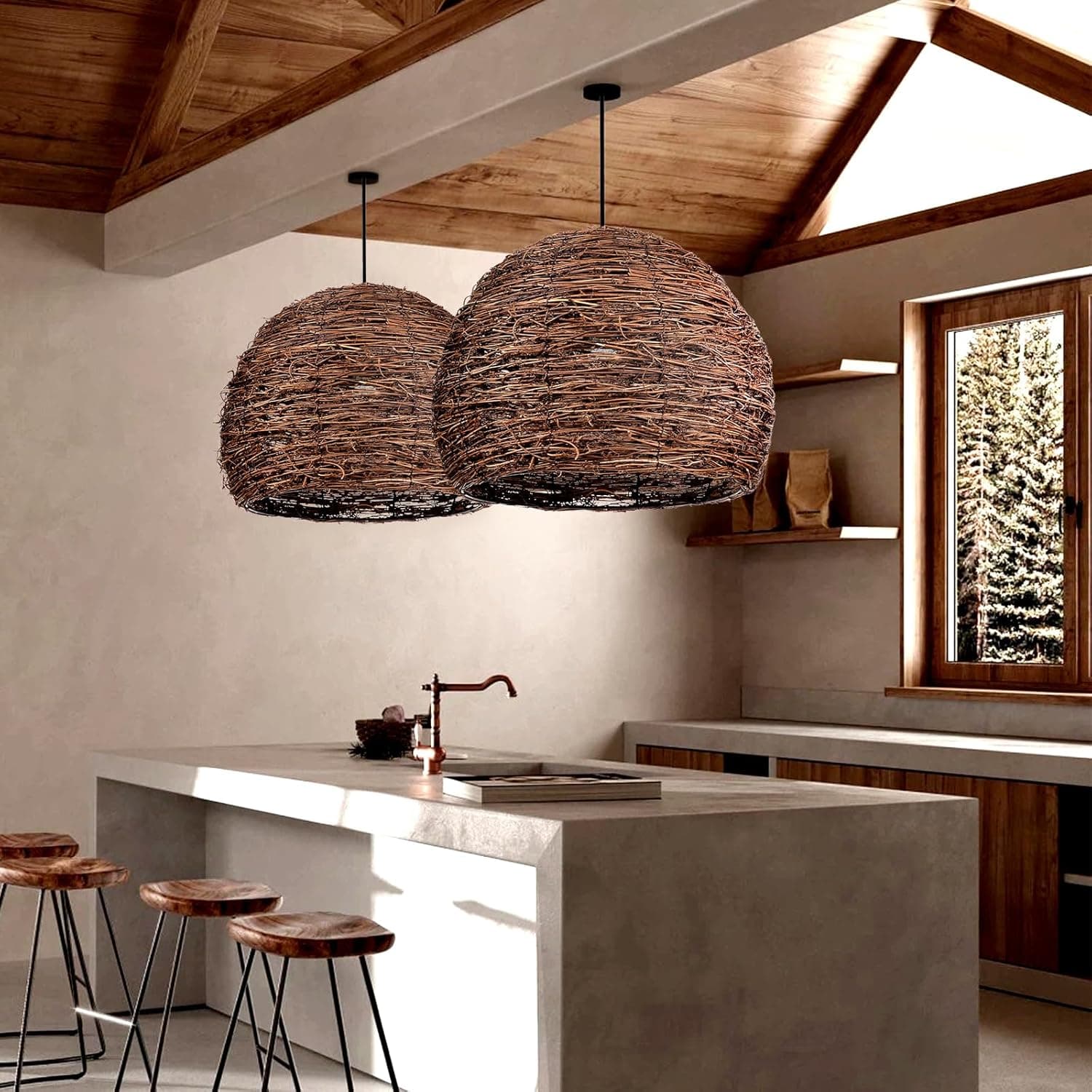 Rustic woven rattan pendant lamp shade with a coastal silhouette