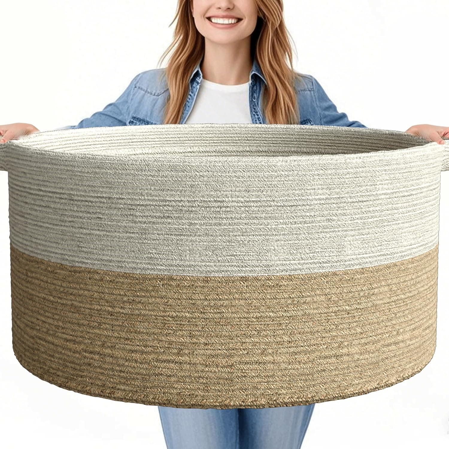 Extra-large woven cotton rope blanket basket with leather handles