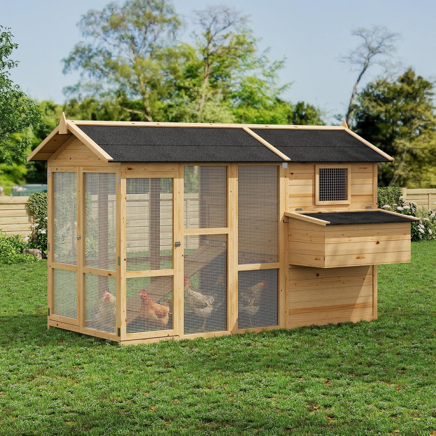 Large outdoor wooden chicken coop with a sloped roof and run, farmhouse style
