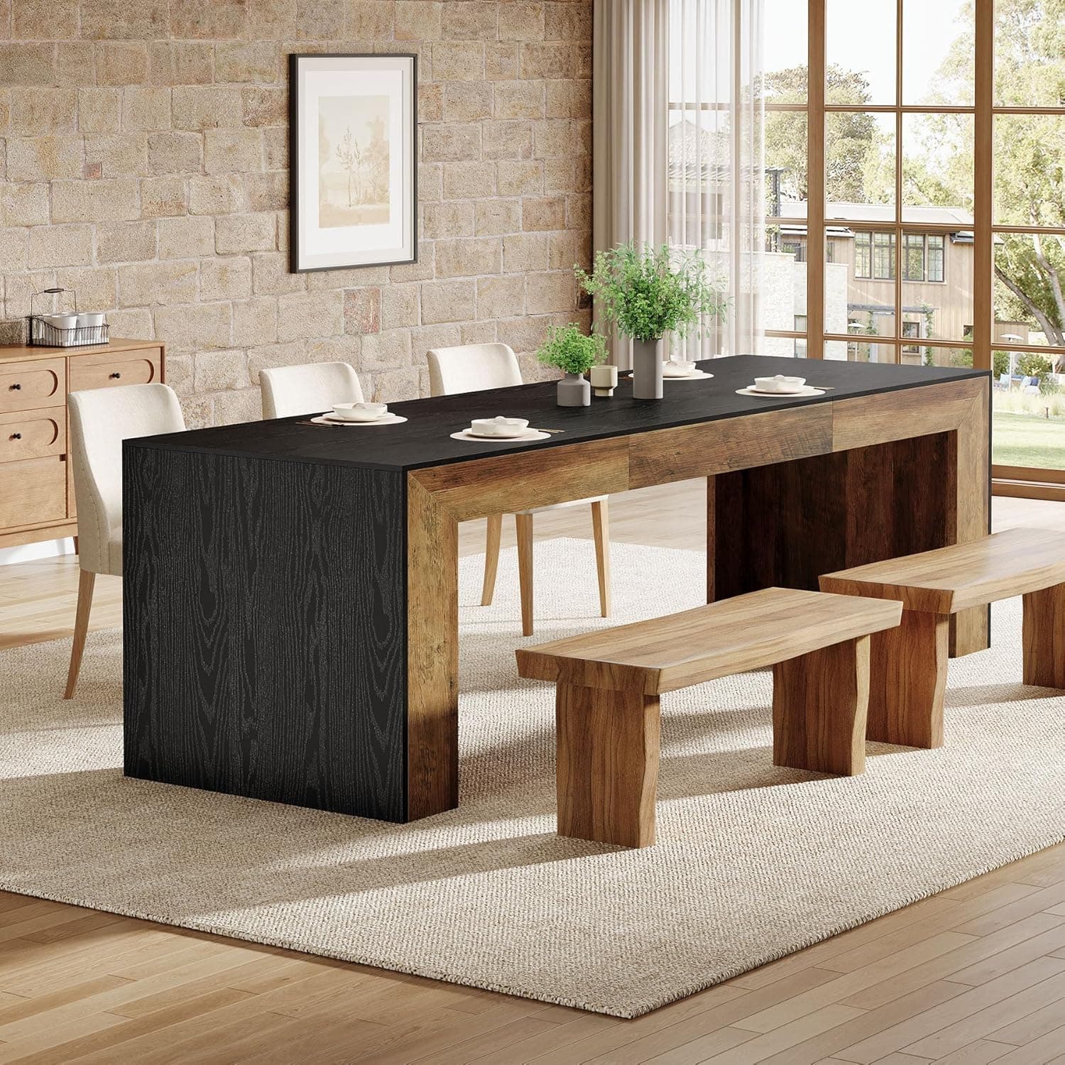 Long rectangular wood dining table with heavy turned legs, seats 6 to 8