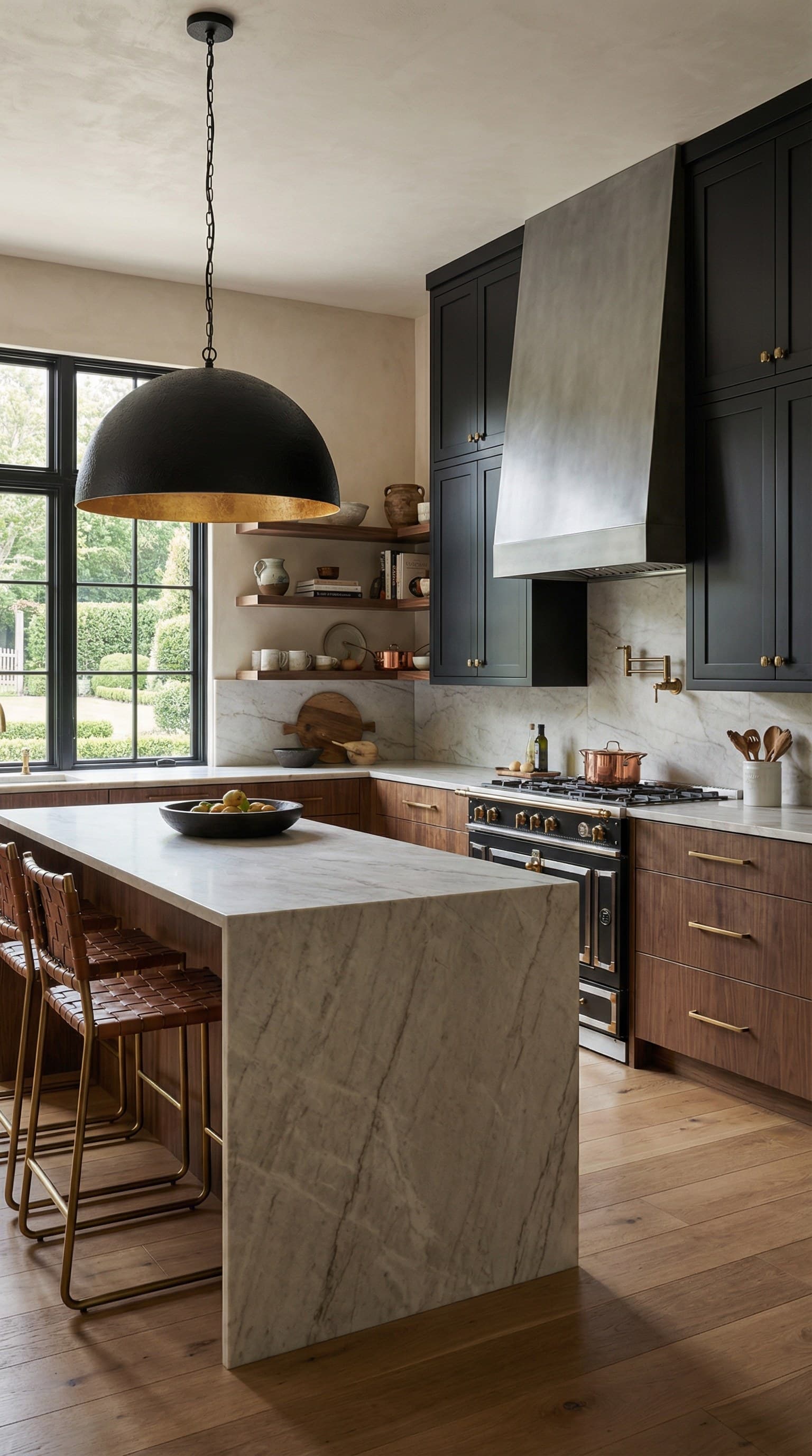 Modern farmhouse kitchen with a black dome pendant, honed marble island, and woven leather stools