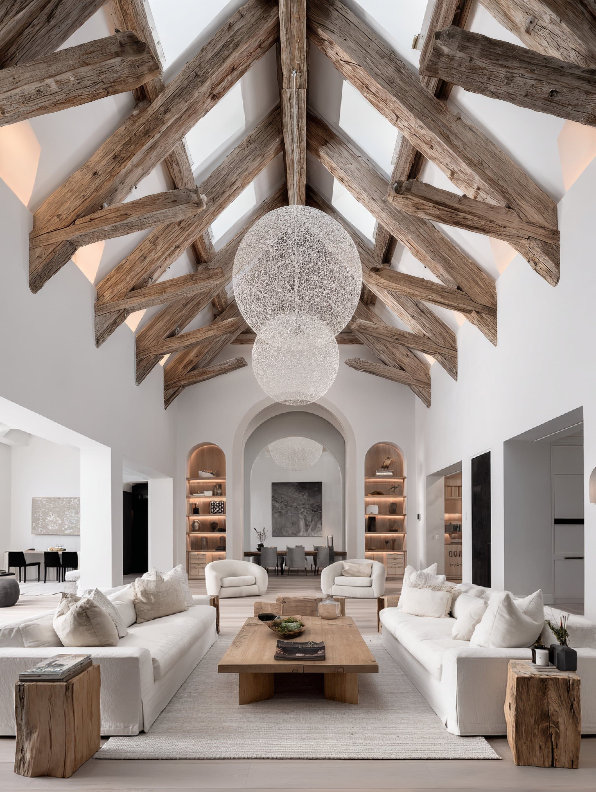 Modern farmhouse great room with woven globe chandeliers and arched built-in shelving